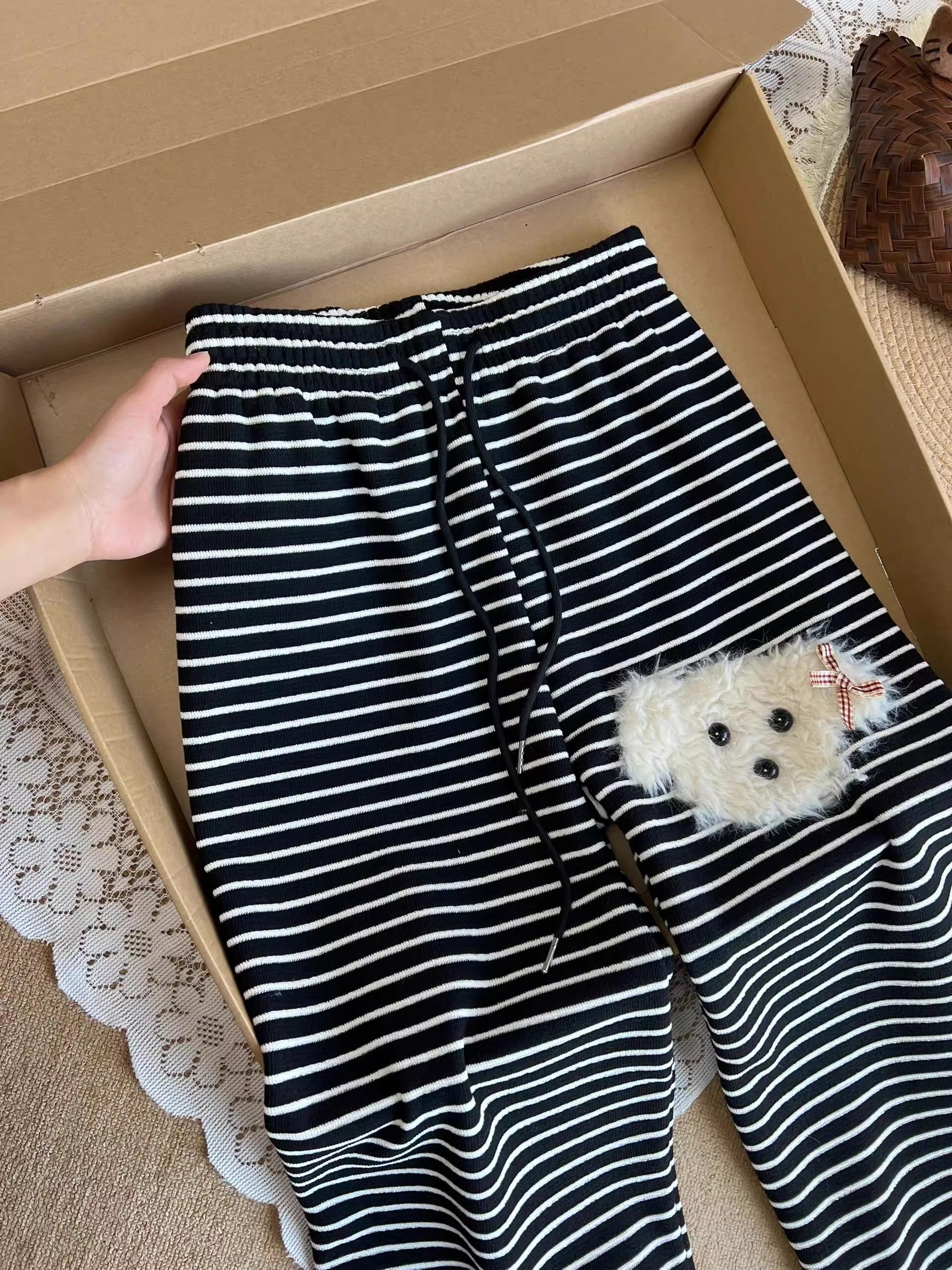 Three-dimensional puppy lazy style elastic waist drawstring striped casual pants women's autumn and winter high-waisted loose floor-length trousers