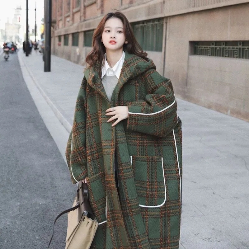 Quality inspector picture extra large size retro plaid woolen coat for women Korean style loose thickened mid-length woolen coat