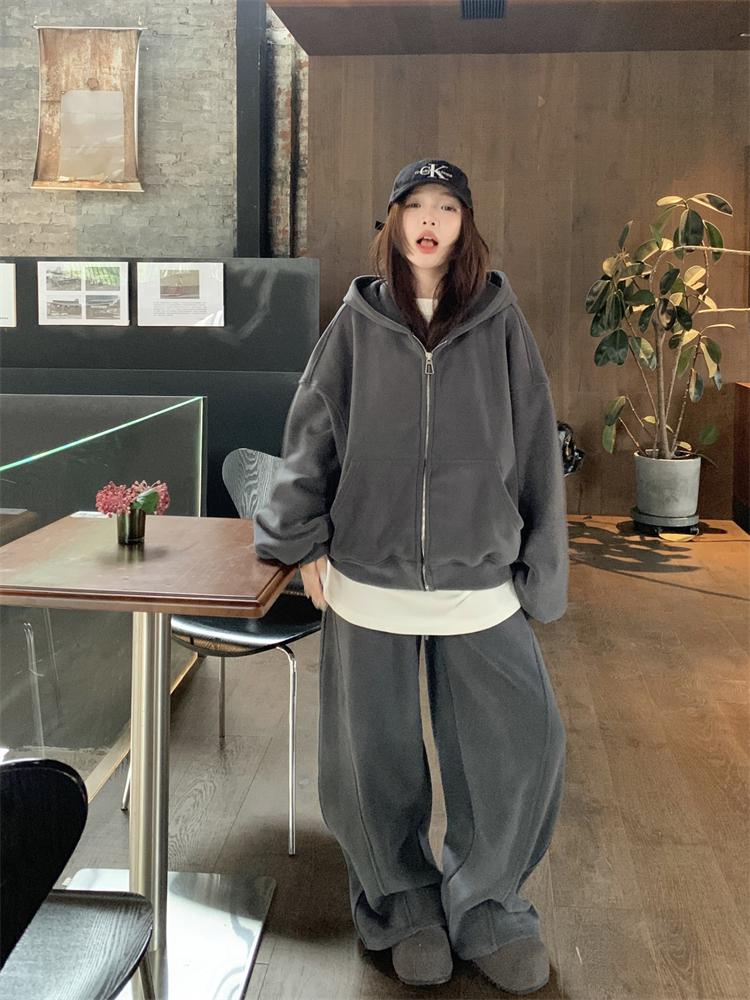 Actual shot ~ Retro thickened hooded sweatshirt suit for women, long-sleeved jacket + loose wide-leg pants + white T-shirt