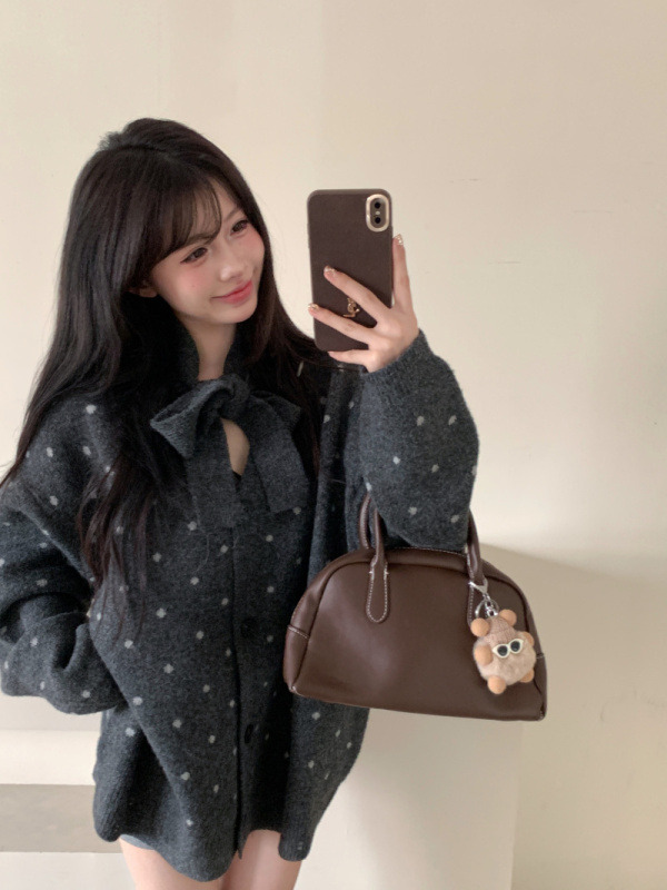 Polka Dot Bubble Loose Bow Collar Gray Sweater