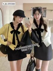 French bow wood ear edge slimming knitted cardigan women's winter sweet age-reducing sweater long-sleeved top