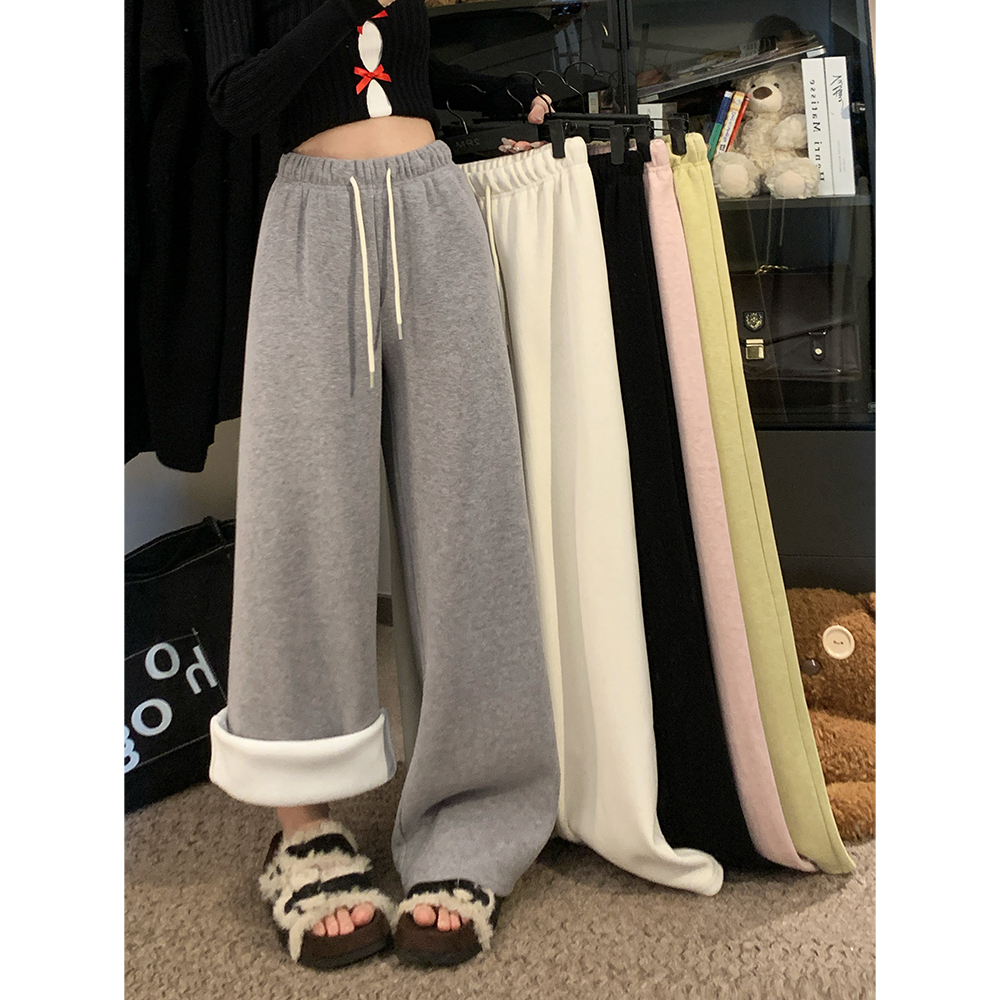 Real shot! 2024 winter new style plus cashmere pants, thickened drawstring, wide-leg pants, casual pants for women