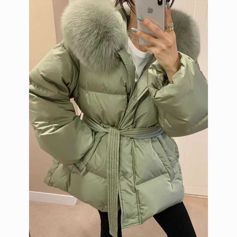 revecite South Korea Dongdaemun new winter big fur collar waist warm cotton jacket