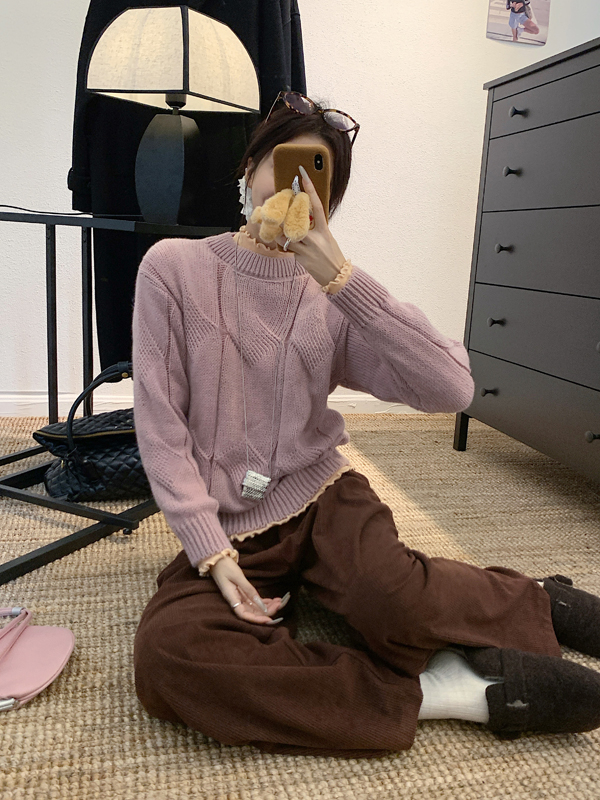 Real shot of round neck twist knitted sweater for women autumn and winter new high waist wide leg corduroy pants suit