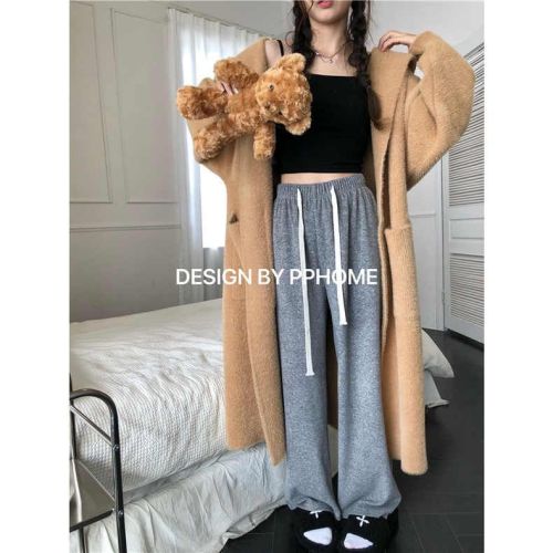 Pink glutinous rice pants for women spring, autumn and winter 2024 new high-waisted wide-leg pants plus velvet straight casual towel pants