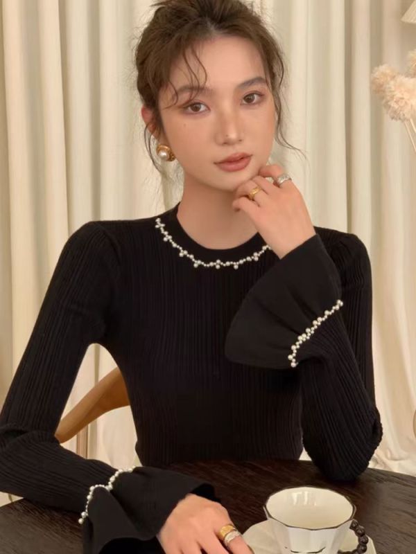 Black right shoulder sweater bottoming shirt for women autumn and winter high-end 2024 new winter inner wear slim short sweater