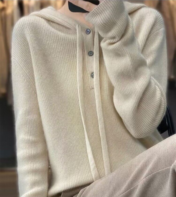 24 autumn and winter loose casual cashmere hoodie women's wool knitted hooded sweatshirt autumn inner sweater outer top
