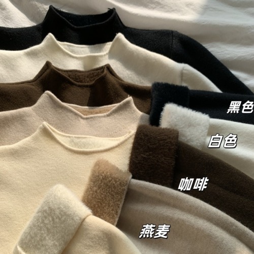 Small stand-up collar fufu soft waxy knitted long-sleeved bottoming shirt for women winter plus fleece sweater autumn simple top inner wear