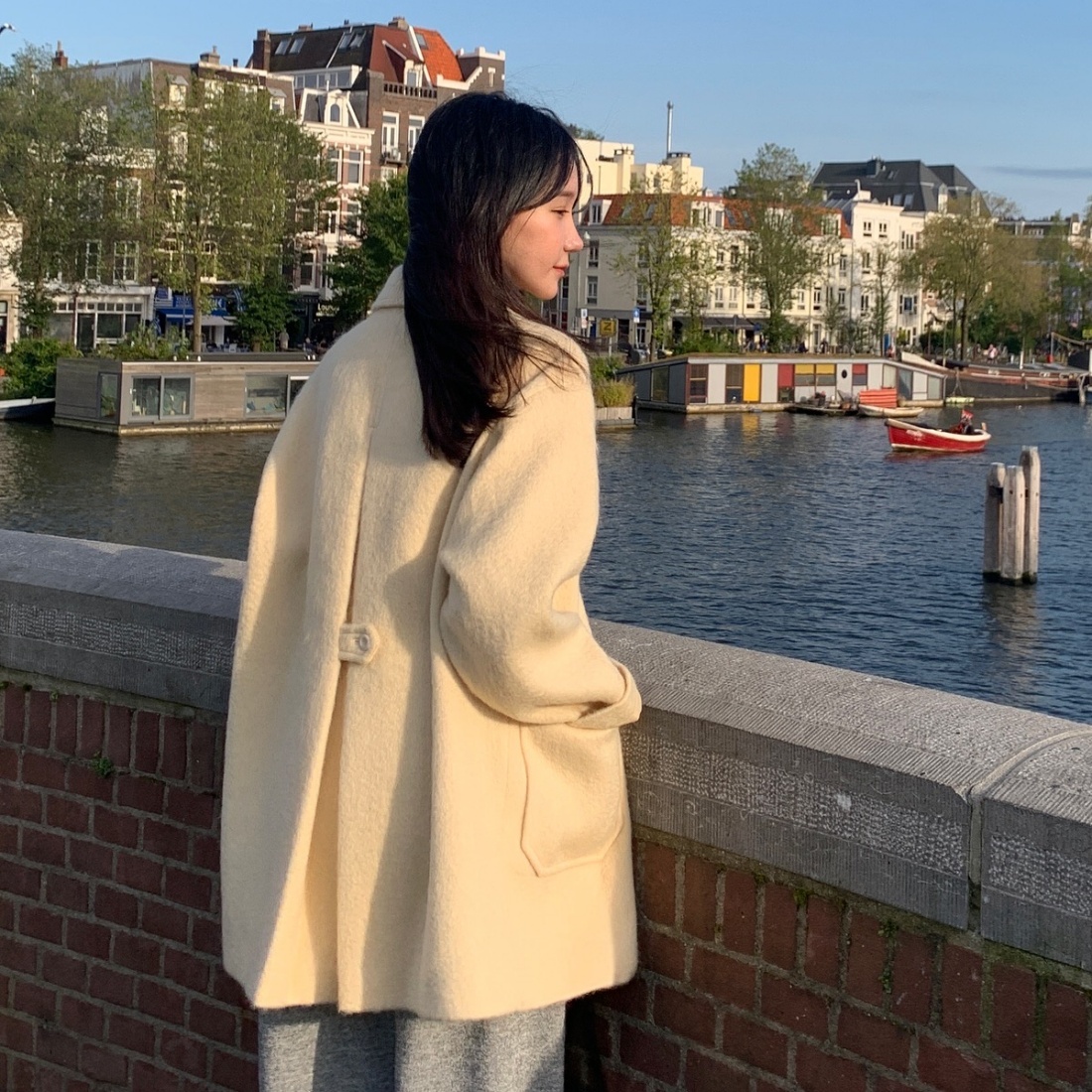 Korean ins French retro temperament buttoned lapel big pocket small woolen coat coat for women