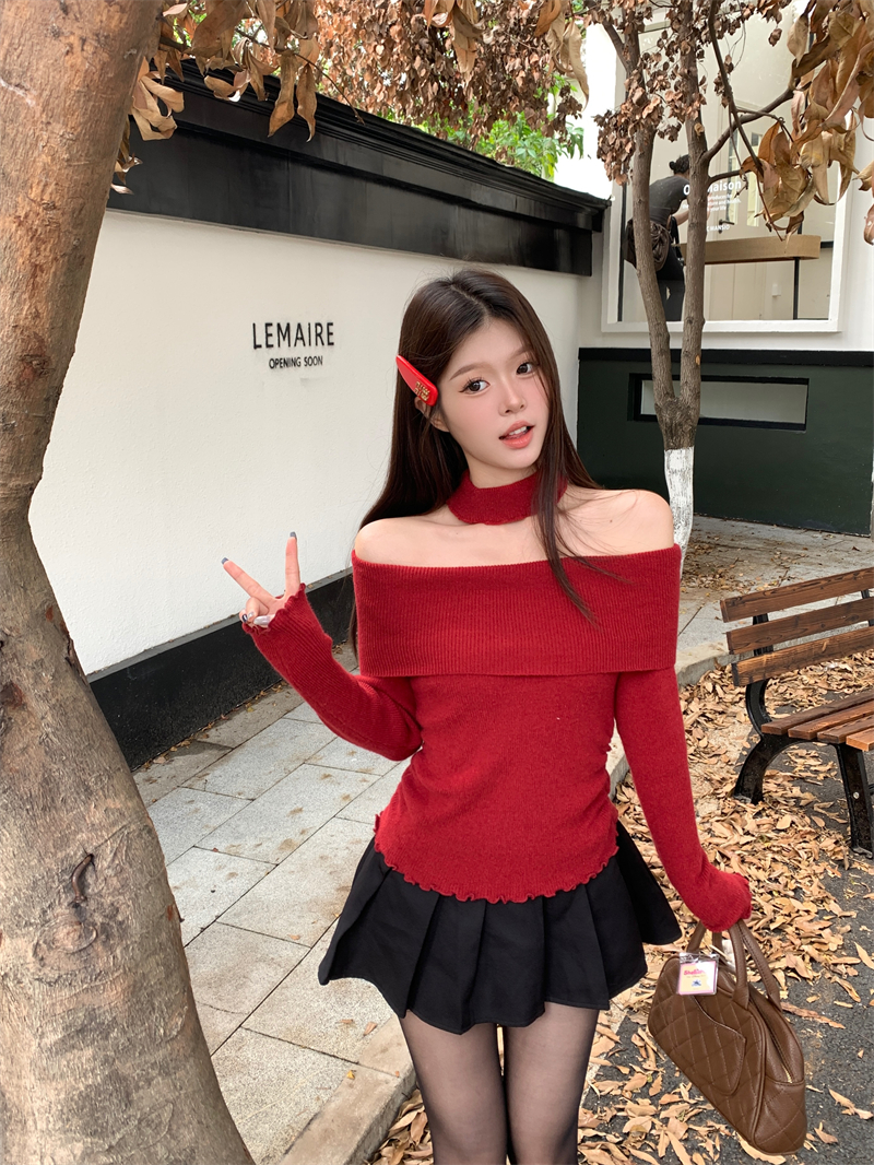 Actual shot price Pure desire one-shoulder halter neck sweater women's slim sexy temperament top