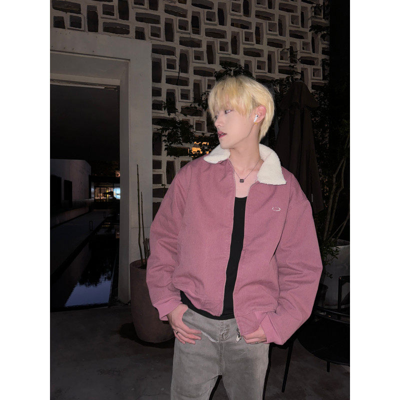 Winter lamb fur collar washed distressed cotton coat thickened coat lapel couple jacket trendy