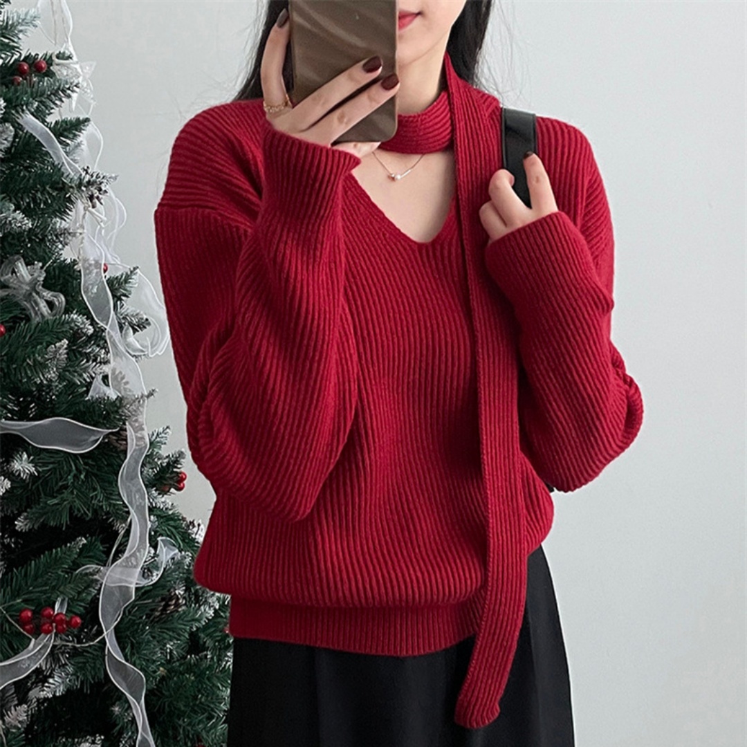 Korean style ins autumn and winter solid color simple and gentle temperament V-neck scarf sweater coat women's long-sleeved sweater top