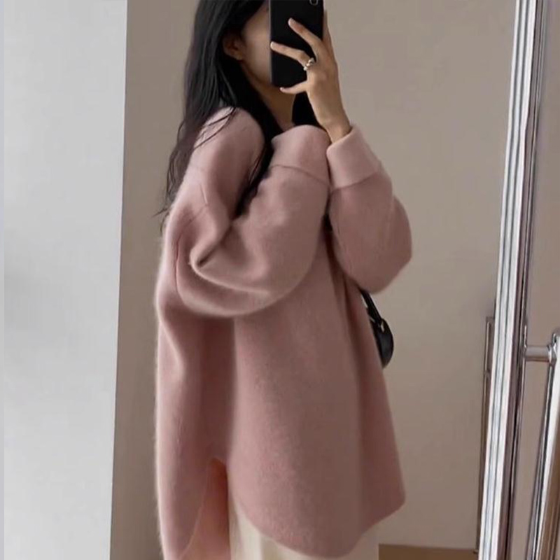 Raccoon velvet pullover sweater, autumn and winter outer wear, mid-length lazy retro slit sweater, thickened in winter