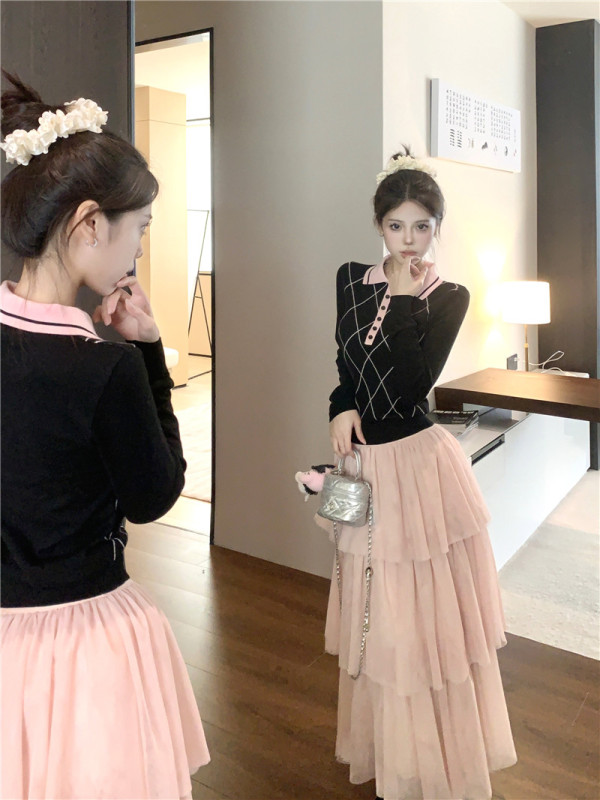 Pink plaid contrast color Polo collar knitted long sleeve + ballet style heavy industry mesh cake skirt mid-length skirt