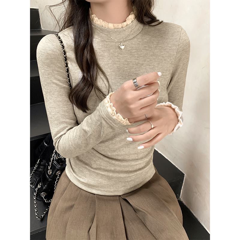 Real shot of French lace half turtleneck brushed bottoming shirt for women in autumn and winter, warm shoulder slim fit top
