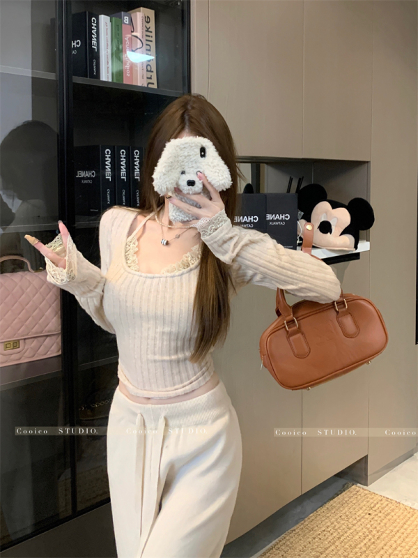 Desire Purple Sweet Tea Fake Two-piece Halter Neck Lace Long Sleeve T-Shirt Women's Plush Feeling Bottoming Knitted Top