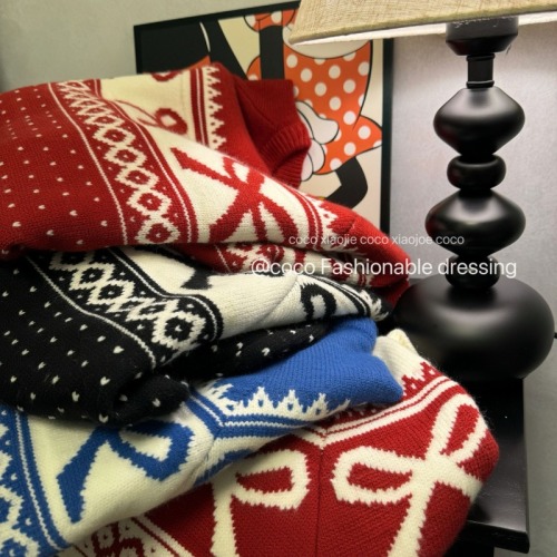Sweet temperament round neck bow jacquard thickened versatile long-sleeved soft waxy knitted sweater for women