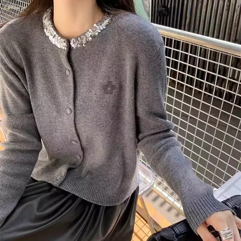 Autumn and winter Korean style low round neck beaded knitted loose cardigan high-end sweater for outer wear