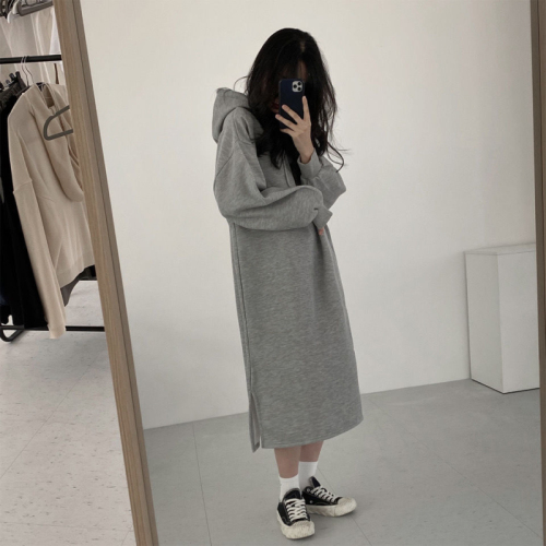 Thick velvet autumn and winter Korean style simple off-slit dress and sweatshirt for women