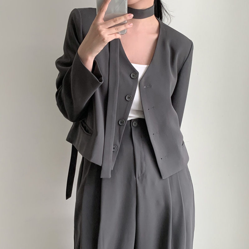 Korean chic autumn French high-end V-neck versatile suit jacket + high-waist drape casual pants suit