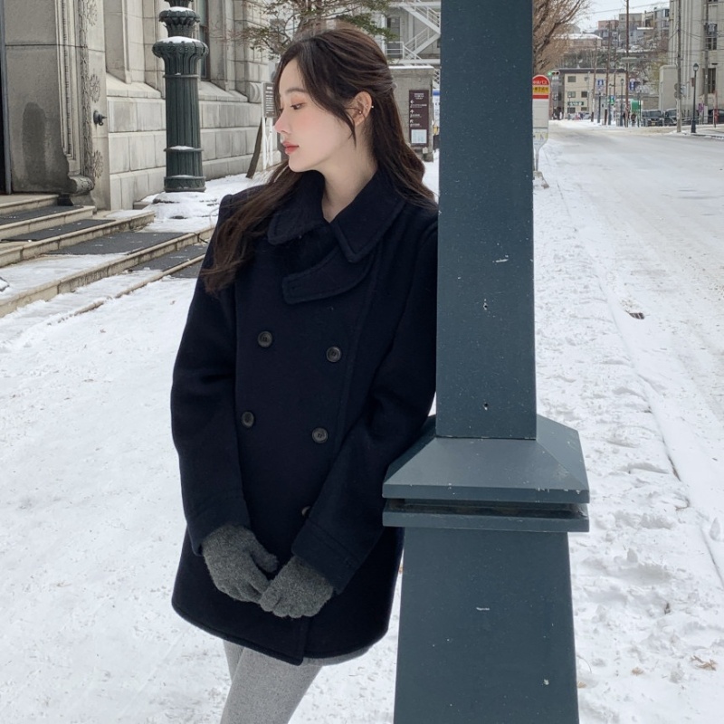 Korean chic retro temperament winter thickened quilted double-breasted loose woolen coat woolen coat
