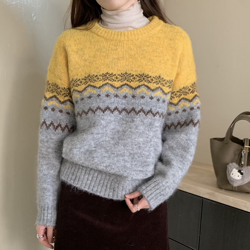 Real shot retro lazy Fair Isle contrasting color ski sweater long-sleeved sweater top 2 colors