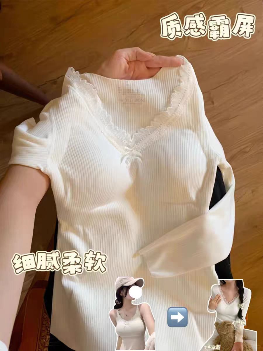 Mousse cashmere with chest pad Korean v-neck women's slim design casual warm inner layering shirt