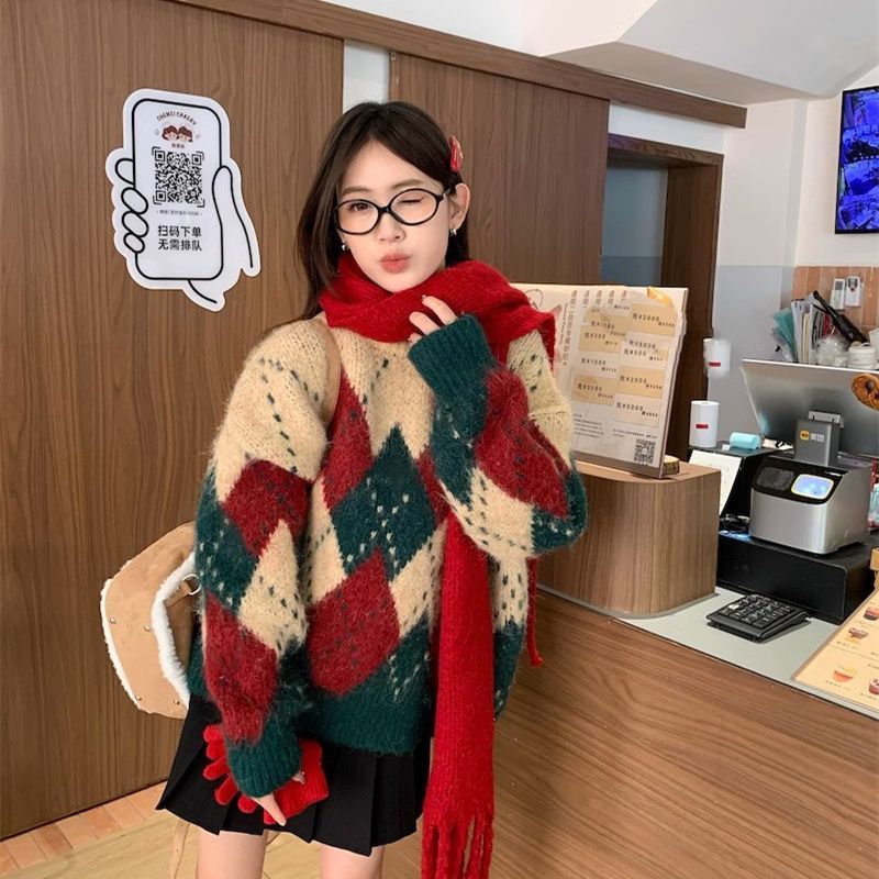 Retro Diamond Contrast Color Christmas Sweater Women's 2024 Autumn New Lazy Style Loose Knitwear Long Sleeve Top Trendy