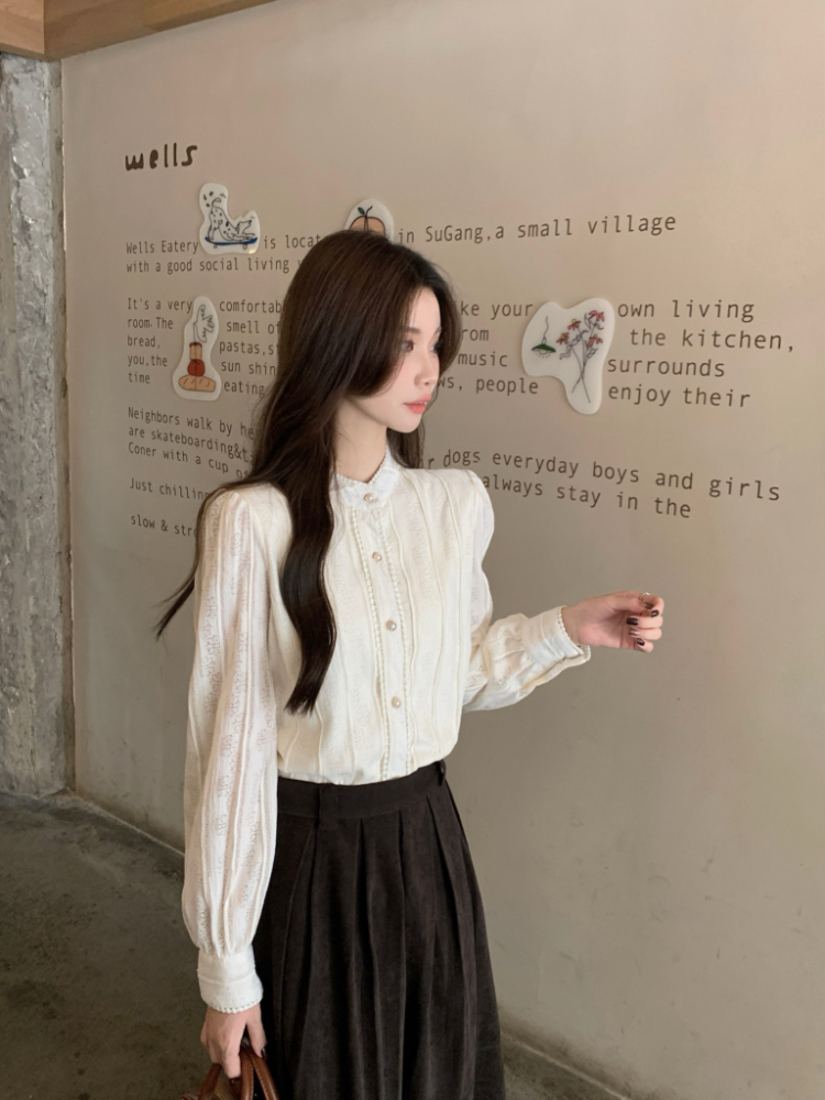 Real shot of lace stand-up collar, velvet lined lace shirt for women, design and temperament, bottoming shirt top