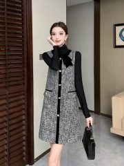 Age-reducing bow-knot vest skirt with two-piece set for women, autumn Korean style slimming fragrant straight skirt