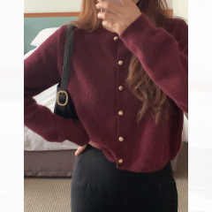 2024 Korean niche chic metal buckle inner round neck warm sweater fufu sweater small coat for women