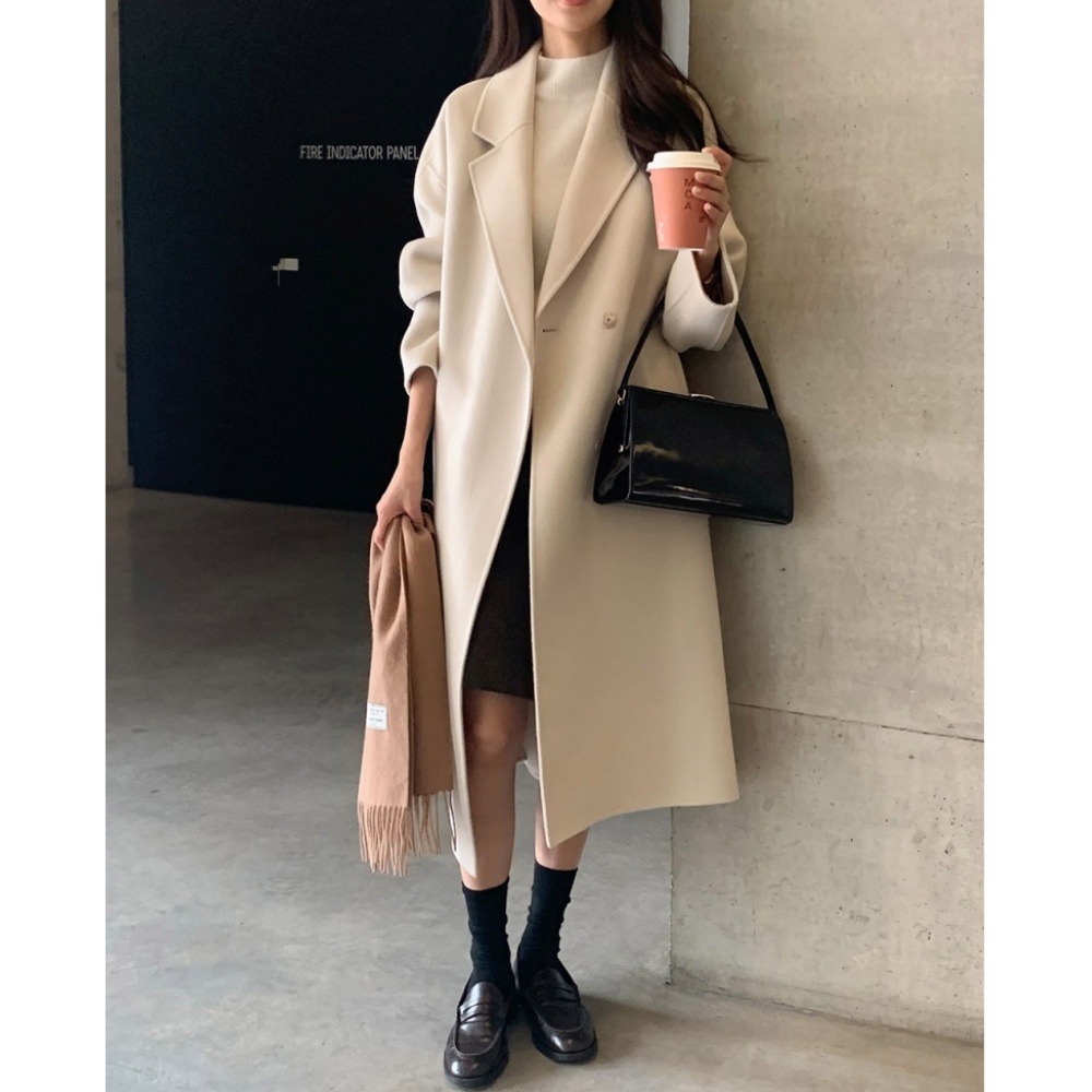 Korean chic French retro temperament high-end loose concealed buckle lace-up long woolen jacket coat
