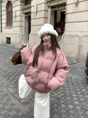 Real shot of gentle pink PU leather cotton jacket with stand-up collar for women's winter warm, loose and thickened bread coat and cotton-padded jacket