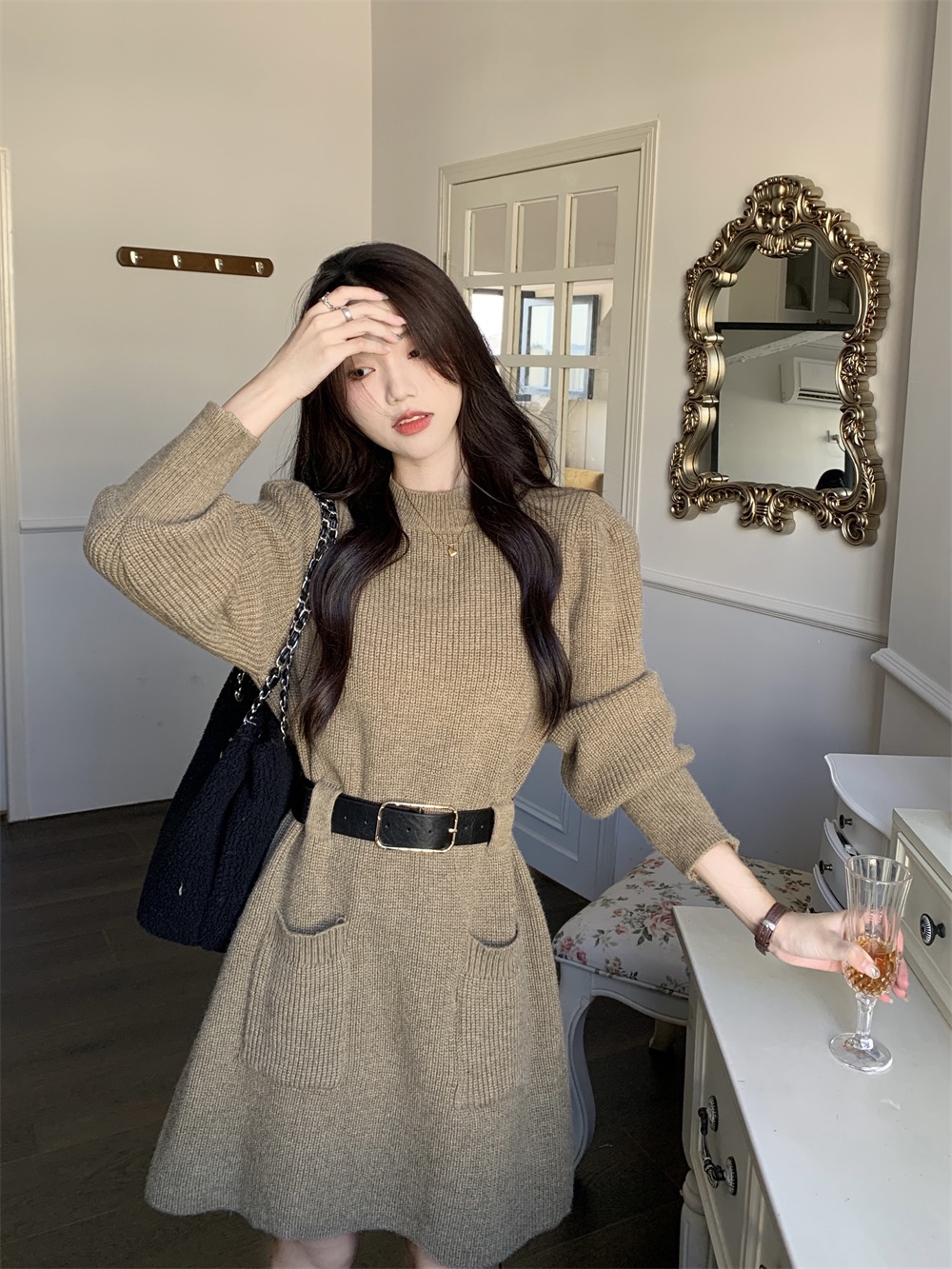 Official picture of cashmere puff sleeves knitted waist slimming A-line autumn and winter long-sleeved dress for women with free belt