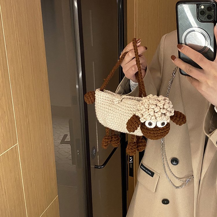 Hand knitted bag diy knitted wool bag cute cartoon lamb knitted bag shoulder crossbody bag finished product for women