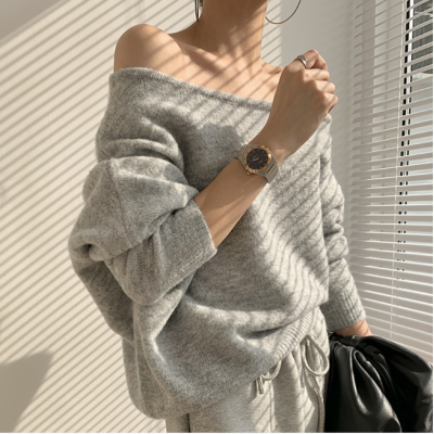 Designer Mohair Sweater Women's Off-Shoulder Boat Collar Irregular Top Loose and Lazy Style