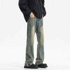 New American retro clean fit trendy brand splicing distressed jeans high street men's bootcut trousers