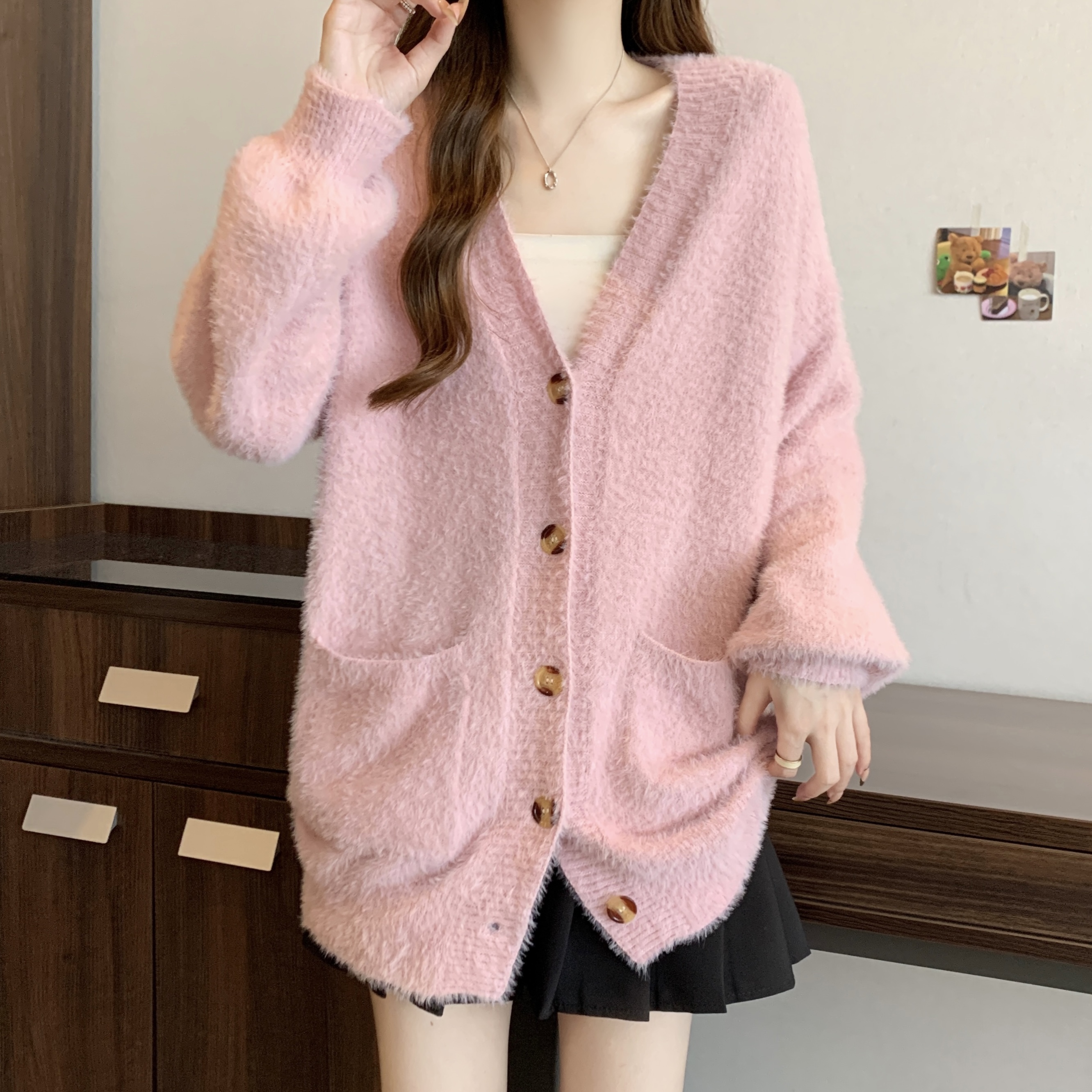 Real shot of plus size fat MM Korean lady pure desire furry single breasted loose sweater cardigan top for women