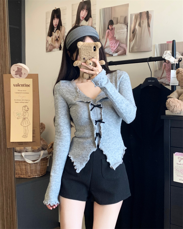 Winter pure lust sweet hottie V-neck bow slimming wool sweater for women
