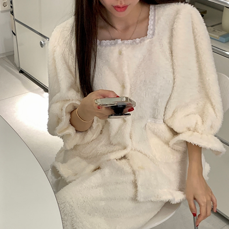 Winter plus velvet French square collar lace princess style coral velvet pajamas two-piece set