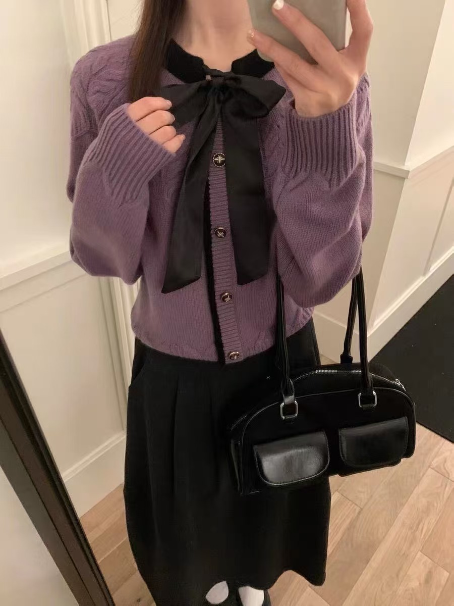 !  Bow silk scarf wool sweater autumn and winter new Korean style simple solid color single-breasted versatile sweater