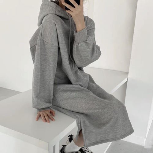 Thick velvet autumn and winter Korean style simple off-slit dress and sweatshirt for women