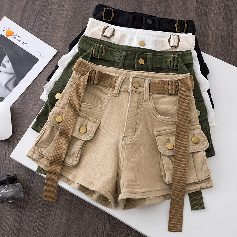 American retro belt, high waist, large pockets, workwear style denim shorts, women's A-line long-leg casual hot pants