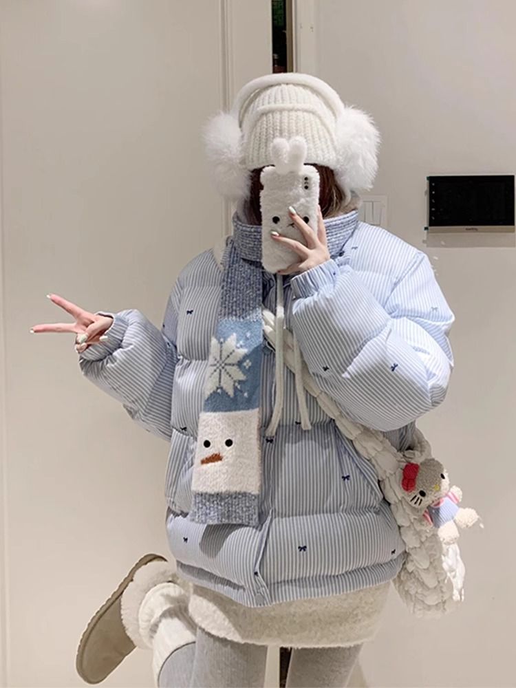 Original quality milk puff stand-up collar bow stripe design cotton jacket women's winter cotton jacket thickened warm bread jacket