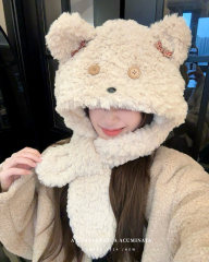 Cartoon Bear Plush Hat Autumn and Winter Scarf Hat One-piece Thickened Windproof Warm Scarf Hat