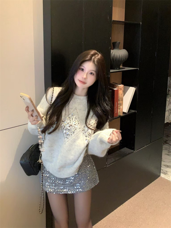 Heavy sequin rhombus loose sweater, lazy style knitted sweater, female sexy hip-hugging skirt