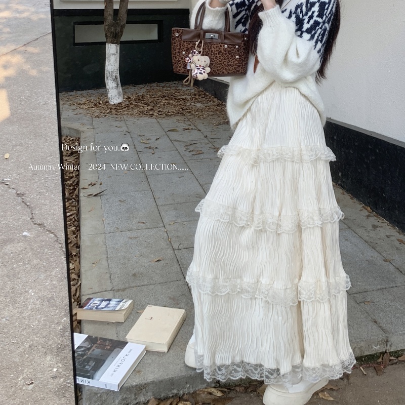 Velvet skirt, gentle ballet style fairy cake skirt, A-line lace splicing long skirt, tutu skirt