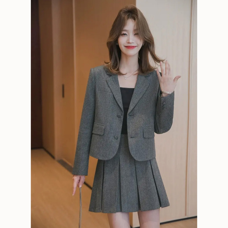 Gray small fragrant suit suit for women in autumn new high-end temperament casual suit pleated skirt two-piece skirt suit