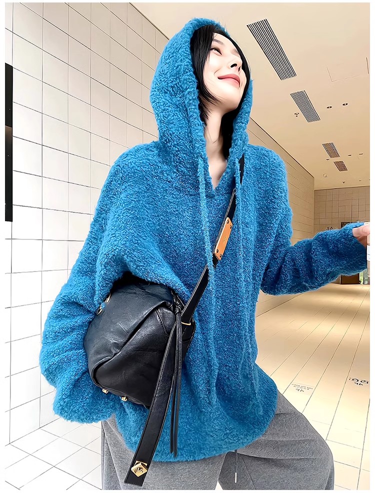 Solid color hooded pullover knitted sweatshirt for women 2024 winter new design casual versatile loose sweater jacket