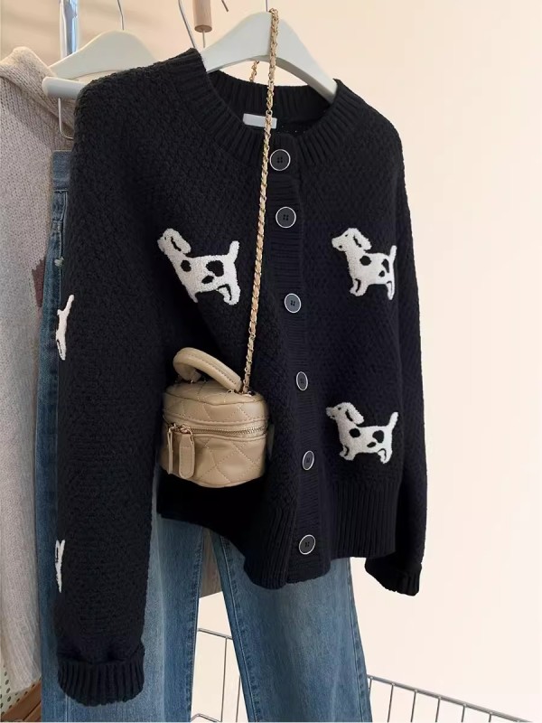 Black puppy sweater cardigan for women in autumn and winter thickened European outer wear loose high-end small knitted jacket